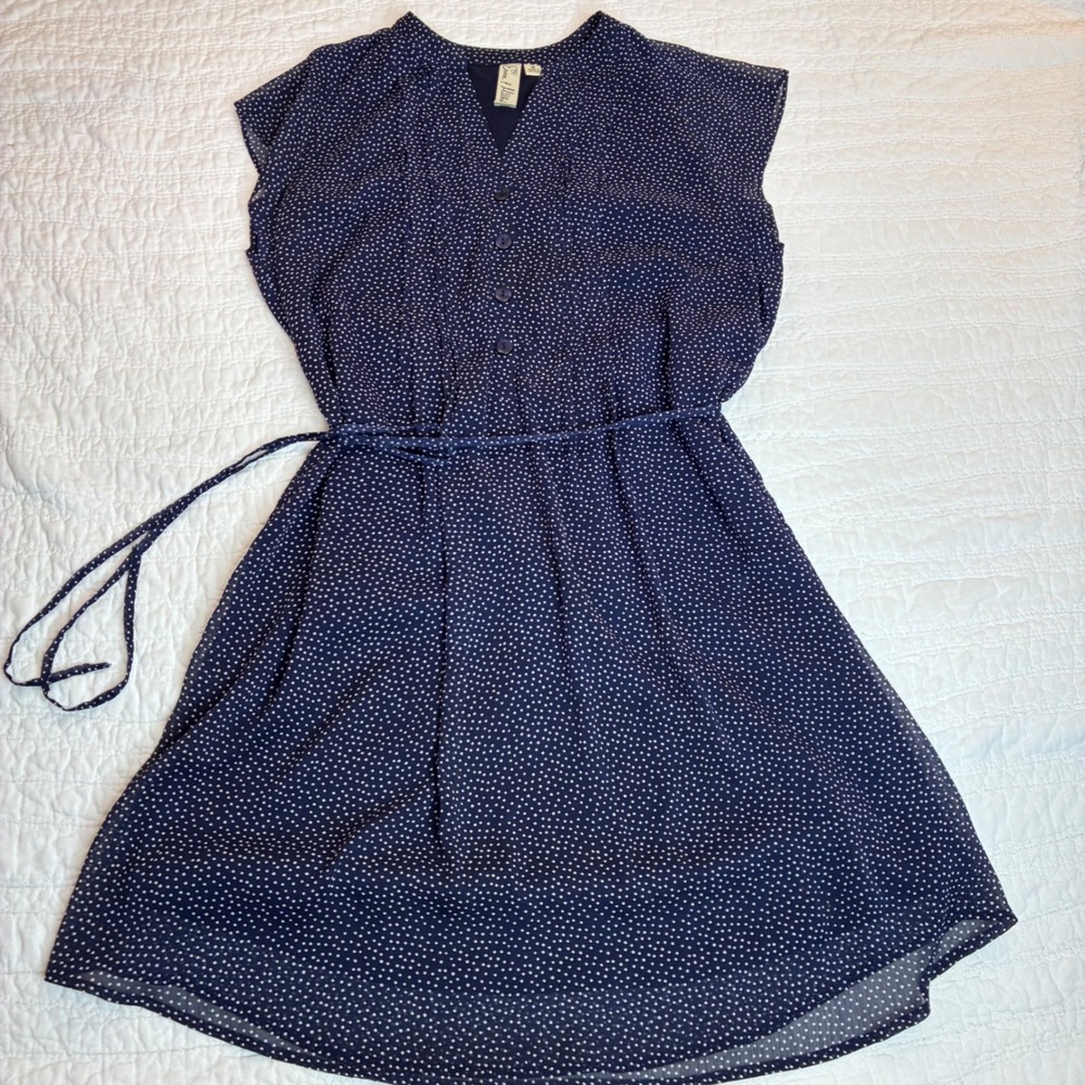 Emma & Michele Navy Blue Polka Dot Dress Flutter Sleeve Belted Chiffon Medium